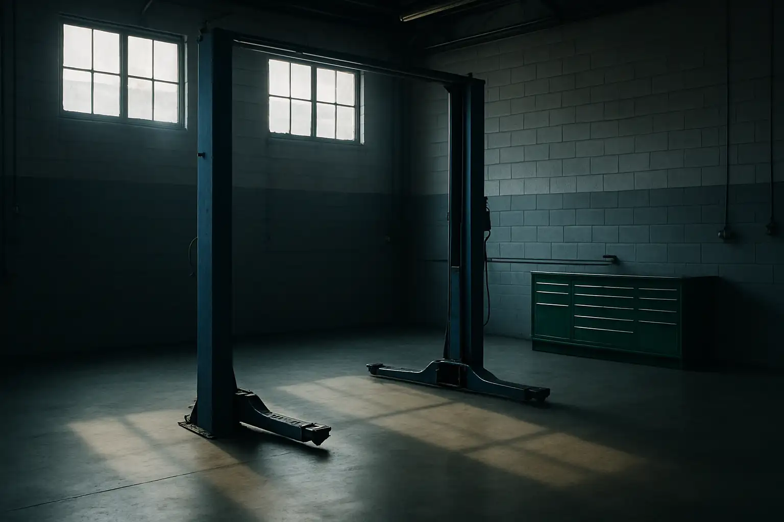 An empty workshop service bay in early morning light — swept concrete floor, an open two-post hoist, and a green tool cabinet along the back wall