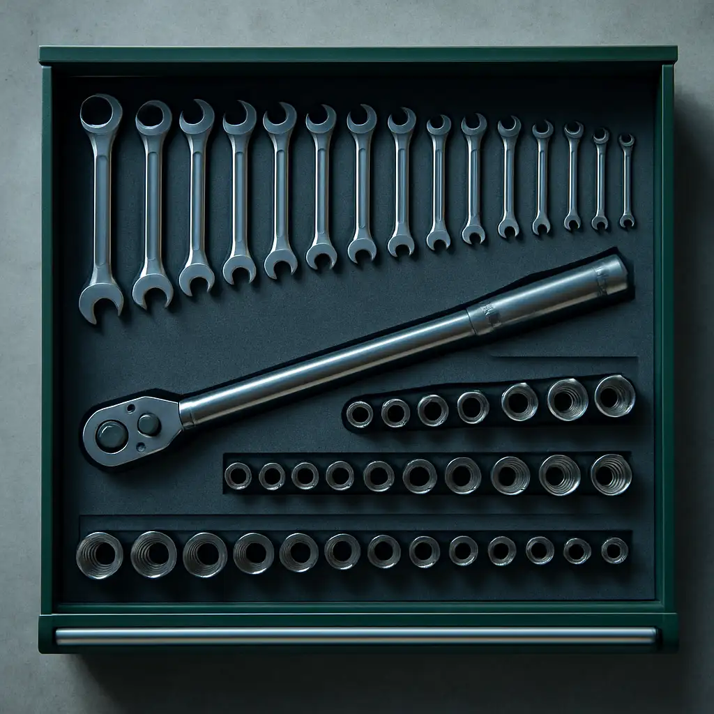 A mechanic's tool drawer seen from above — spanners and sockets ordered by size in a green steel drawer with a torque wrench laid diagonally