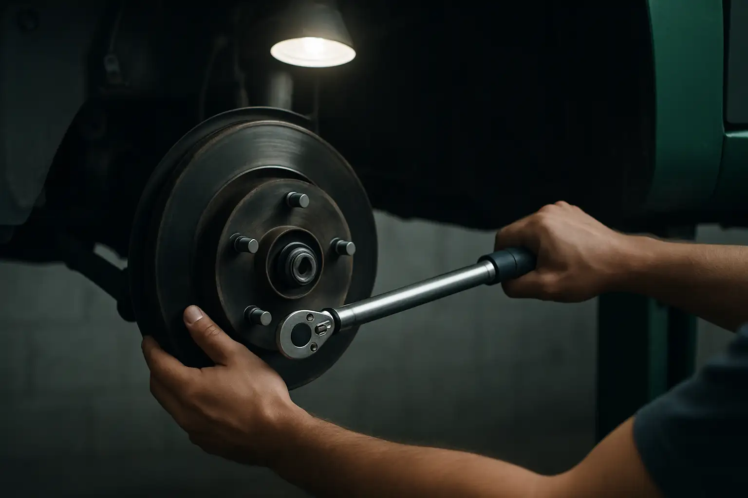 A mechanic's two hands at a wheel hub, one steadying the hub and the other pulling a torque wrench